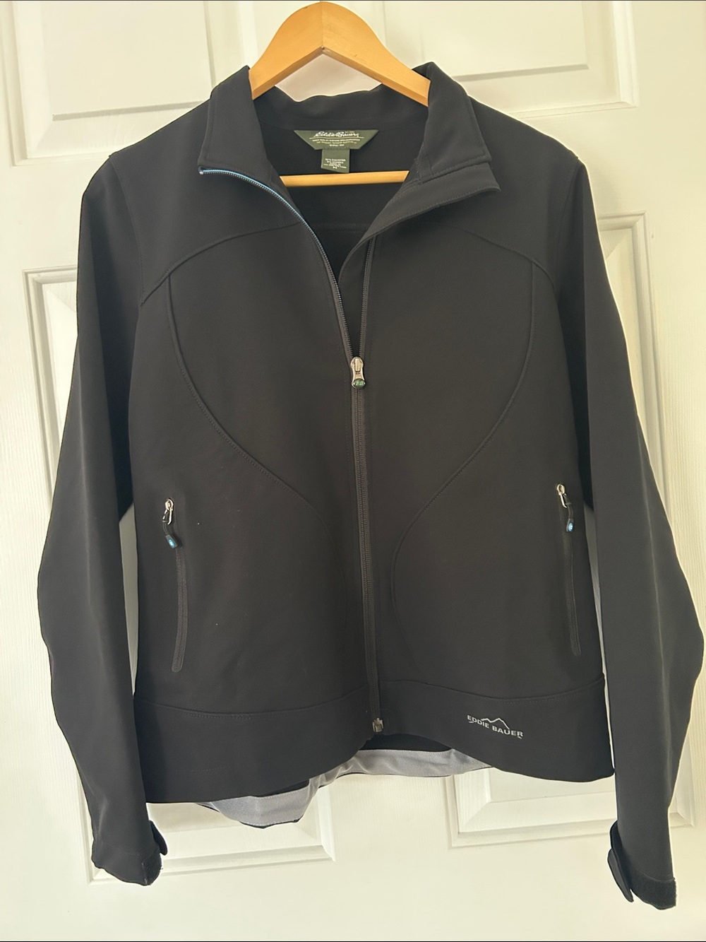 Eddie Bauer Black Women's Softshell Utility Jacket with Blue Trim